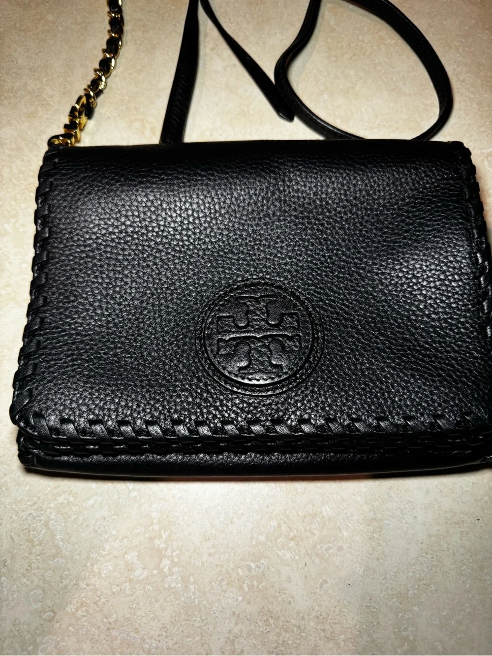 Vtg Tory Burch Marion Black Leather Whipstitch Crossbody Bag Pre-loved